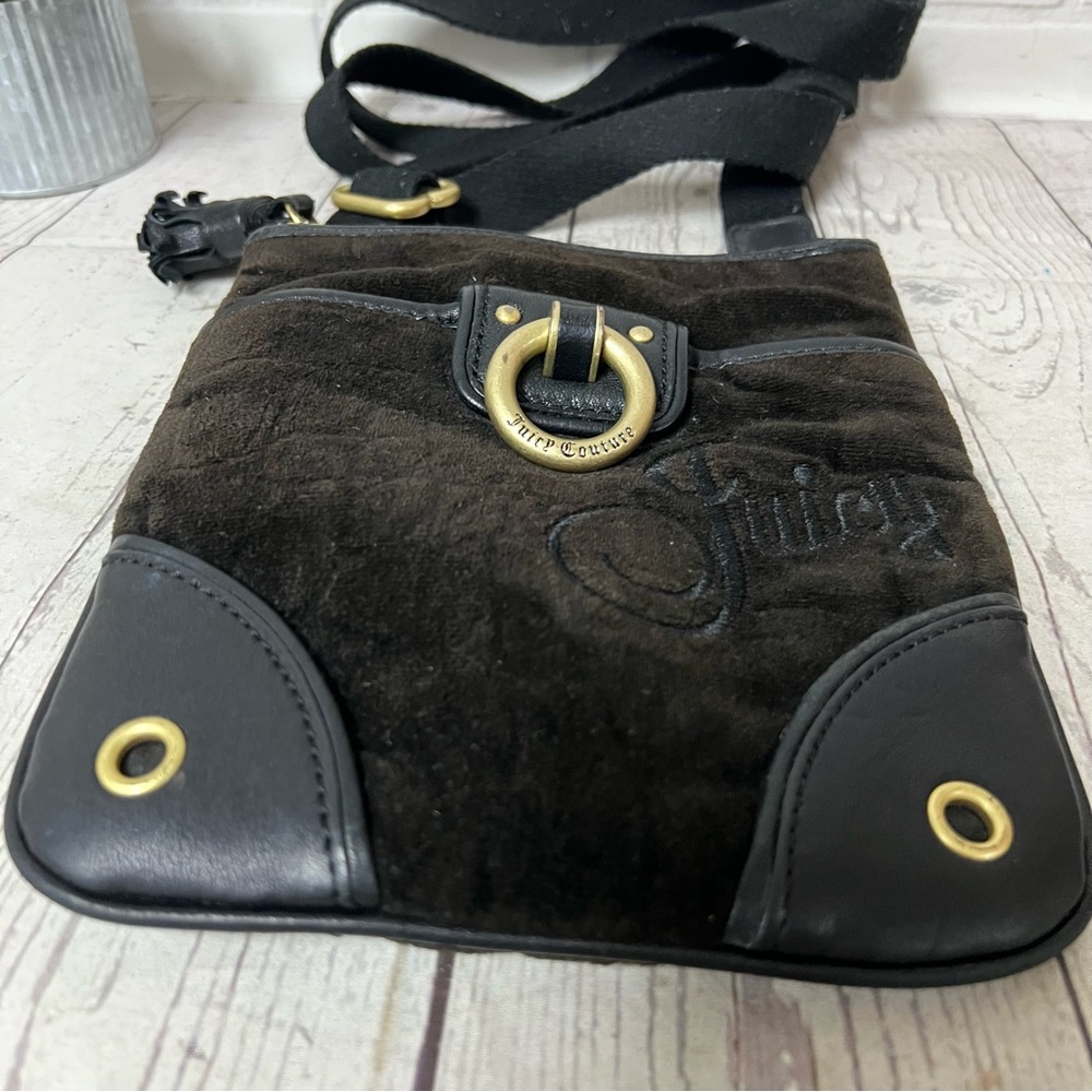 Vintage Juicy Couture Brown Velour Leather Crossbody Bag Purse Tassel Y2K - Picture 10 of 14